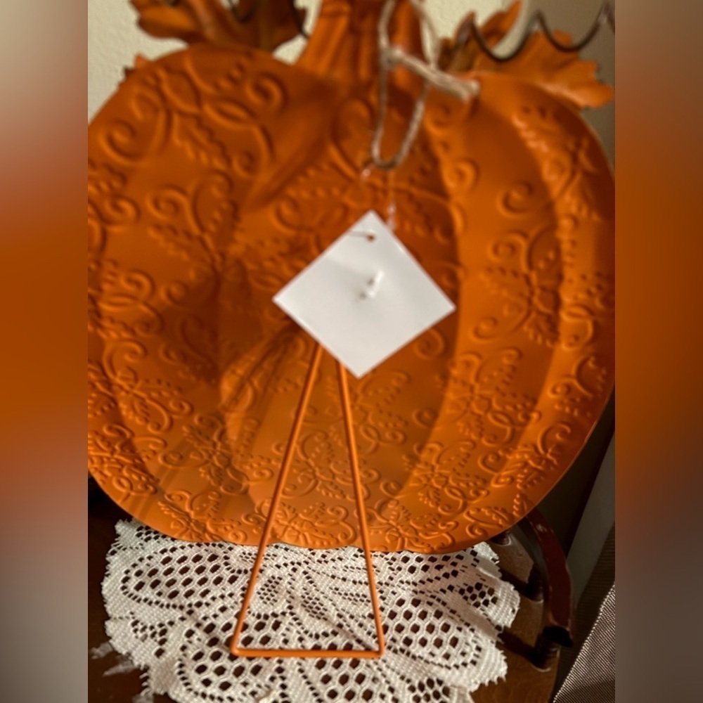 Decorative Embossed Orange Pumpkin/Metal hanging or tabletop stand 16”x12”. - Picture 3 of 4